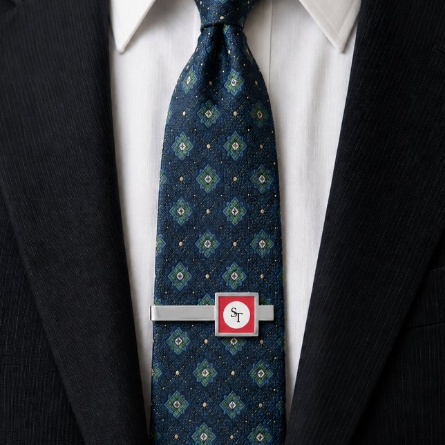 Custom Monogram Initials White Circle Red Square Silver Finish Tie Bar (Custom Monogram Initials White Circle Red Square Silver Finish Tie Bar)