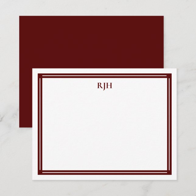 Custom Monogram Initials with Maroon Border Note Card (Front/Back)