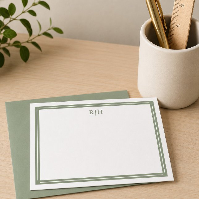 Custom Monogram Initials with Sage Green Border Note Card (Creator Uploaded)
