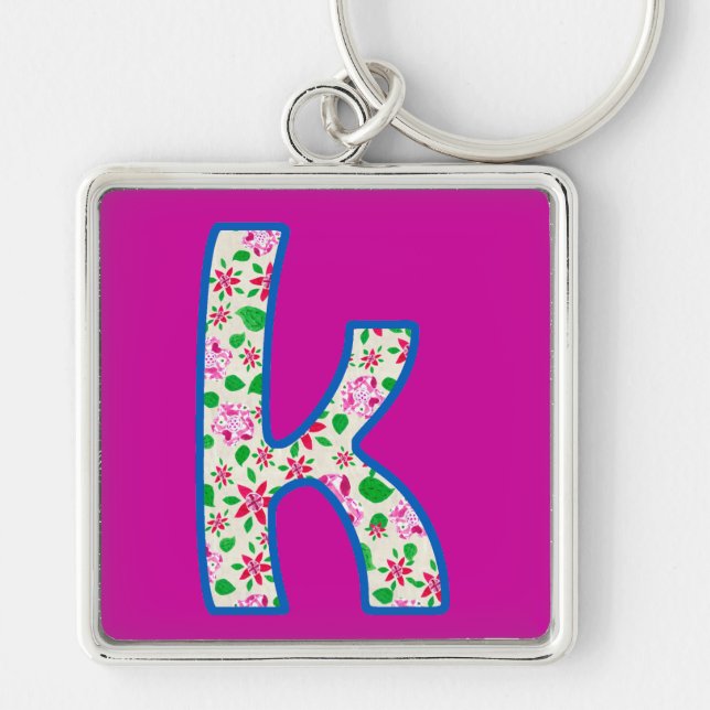 Custom Monogram K Keychain, Pink Floral Pattern Keychain (Front)