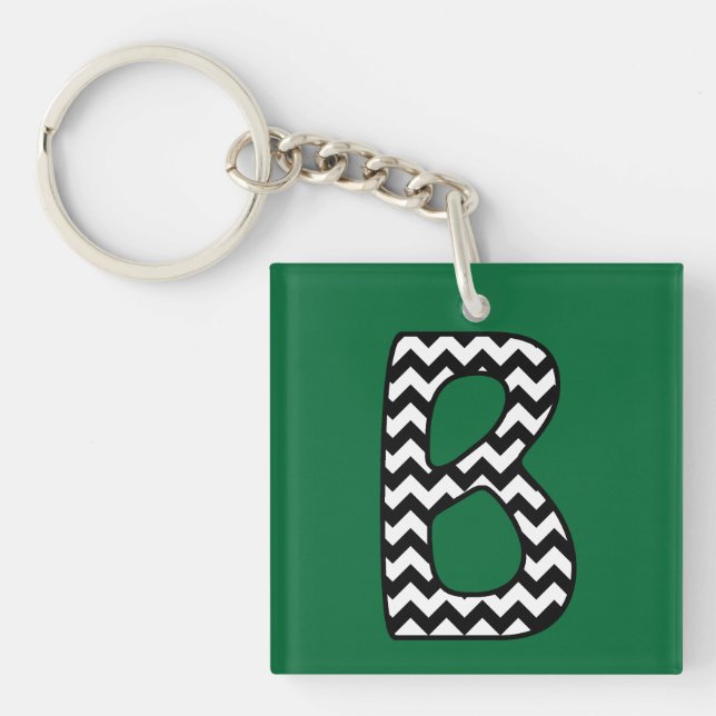 Custom Monogram Keychain: B: Black, White Chevrons Keychain (Front)