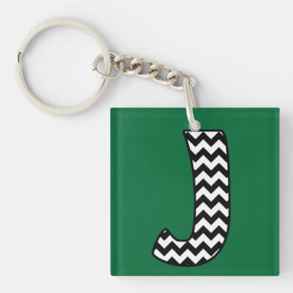 Custom Monogram Keychain: J: Black, White Chevrons Keychain