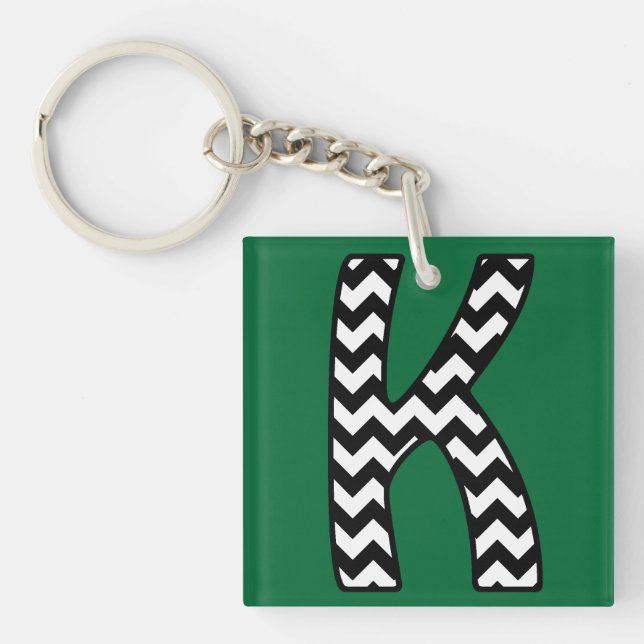 Custom Monogram Keychain: K: Black, White Chevrons Keychain (Front)