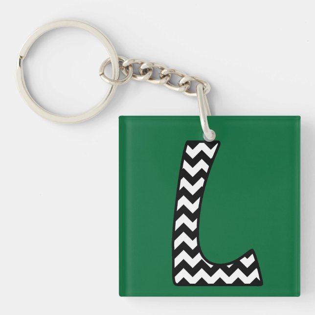 Custom Monogram Keychain: L: Black, White Chevrons Keychain (Front)