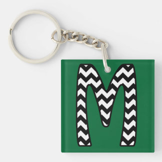 Custom Monogram Keychain: M: Black, White Chevrons Keychain