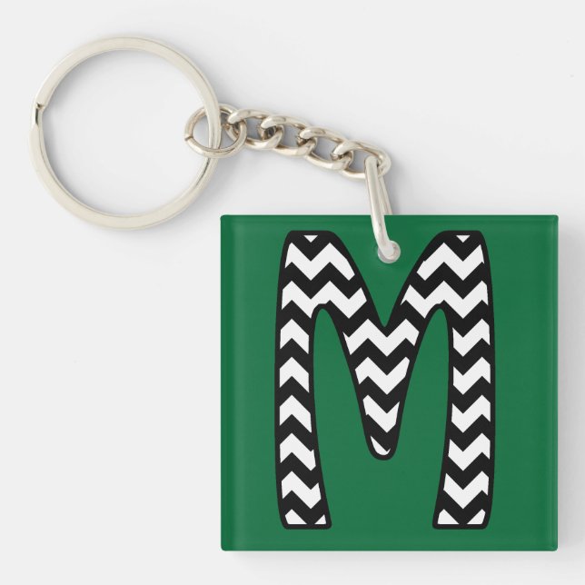 Custom Monogram Keychain: M: Black, White Chevrons Keychain (Front)
