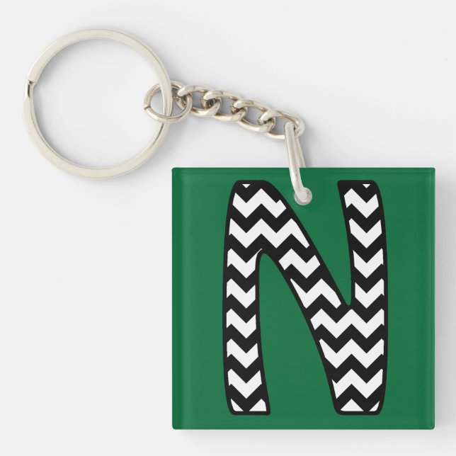 Custom Monogram Keychain: N: Black, White Chevrons Keychain (Front)