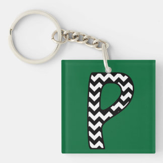 Custom Monogram Keychain: P: Black, White Chevrons Keychain