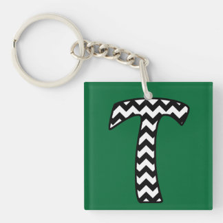 Custom Monogram Keychain: T: Black, White Chevrons Keychain