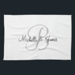 Custom monogram kitchen towel for newlyweds couple<br><div class="desc">Custom monogram kitchen towel for newlyweds couple.
Add your own personalized name and monogrammed initial letter.
Stylish script typography template. Cute wedding gift for newly weds,  honeymooners,  bride and groom,  husband and wife etc. Classy design home decor. Also nice for engagement BBQ,  bridal party,  marriage,  anniversary etc.</div>