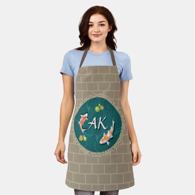 Custom Monogram Koi Pond Japanese Water Garden Apron (Worn)