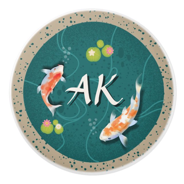 Custom Monogram Koi Pond Japanese Water Garden Ceramic Knob (Front)