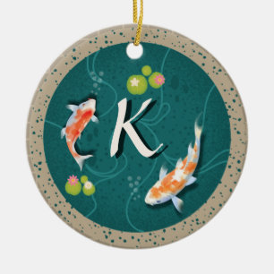 Custom Monogram Koi Pond Japanese Water Garden Ceramic Ornament