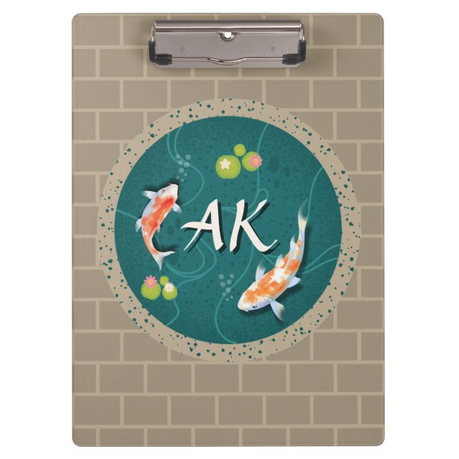 Custom Monogram Koi Pond Japanese Water Garden Clipboard (Front)