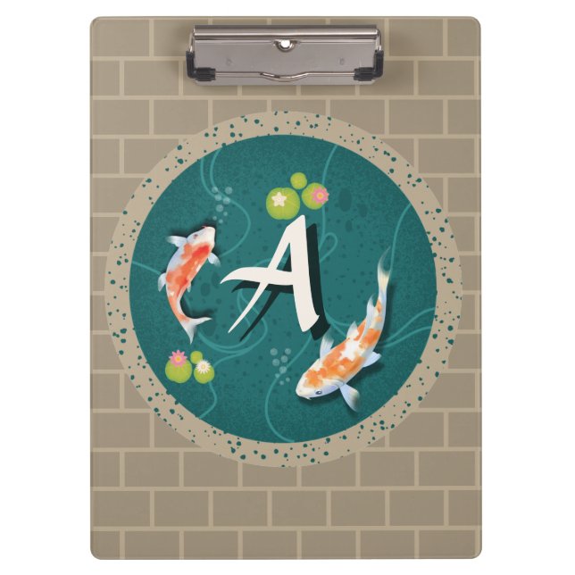 Custom Monogram Koi Pond Japanese Water Garden Clipboard (Front)