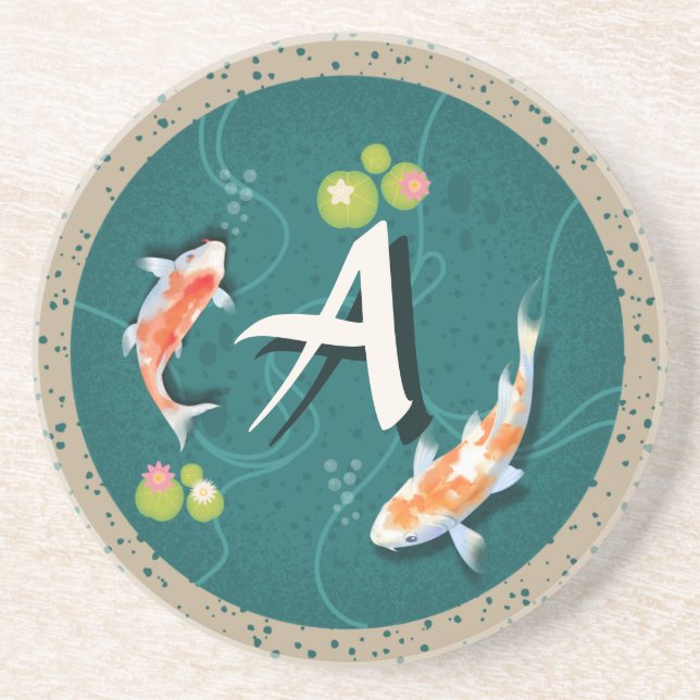 Custom Monogram Koi Pond Japanese Water Garden Coaster (Front)