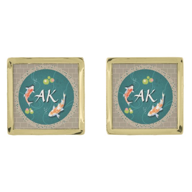 Custom Monogram Koi Pond Japanese Water Garden Cufflinks (Front)