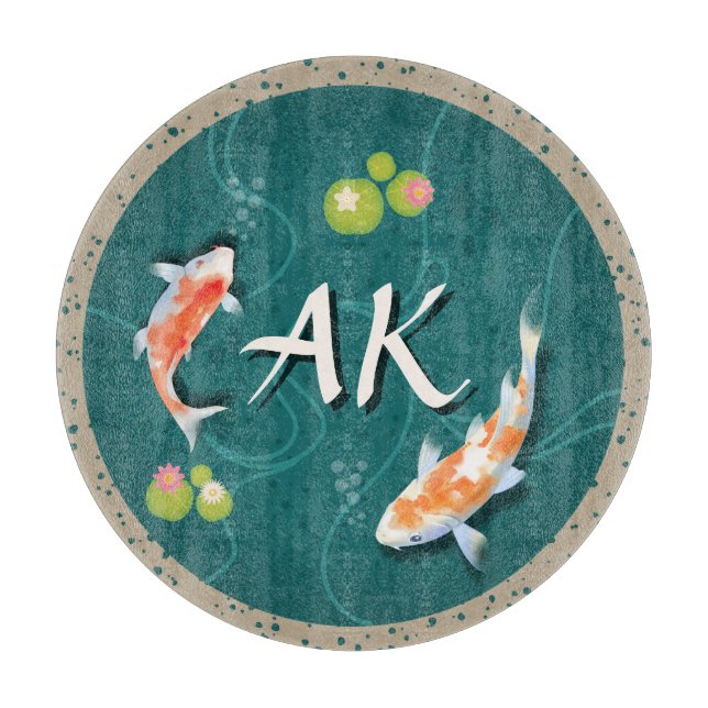 Custom Monogram Koi Pond Japanese Water Garden Cutting Board (Front)