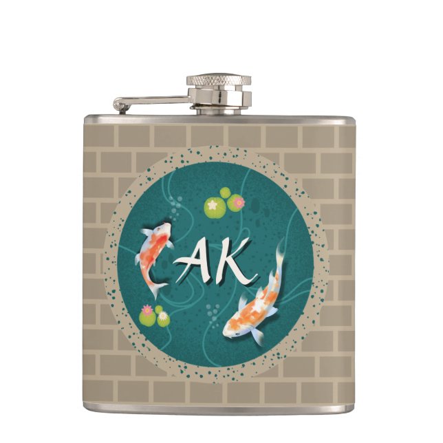 Custom Monogram Koi Pond Japanese Water Garden Flask (Front)