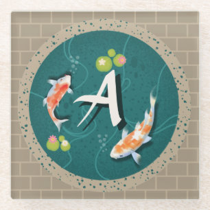 Custom Monogram Koi Pond Japanese Water Garden Glass Coaster