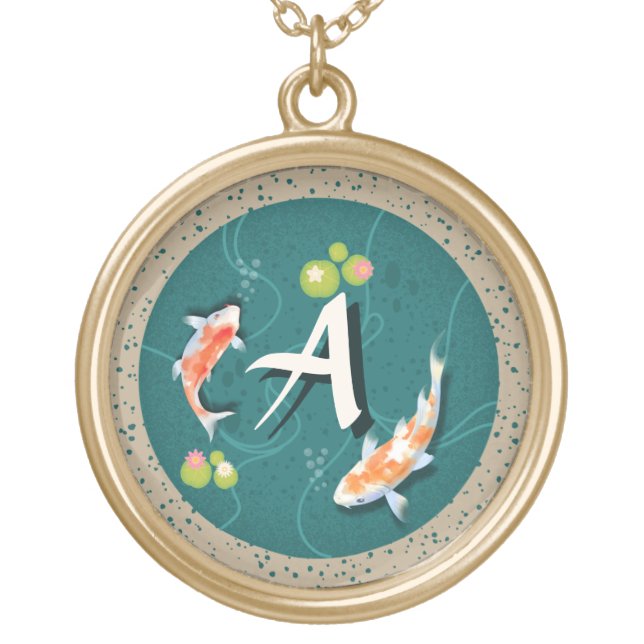 Custom Monogram Koi Pond Japanese Water Garden Gold Plated Necklace (Front)