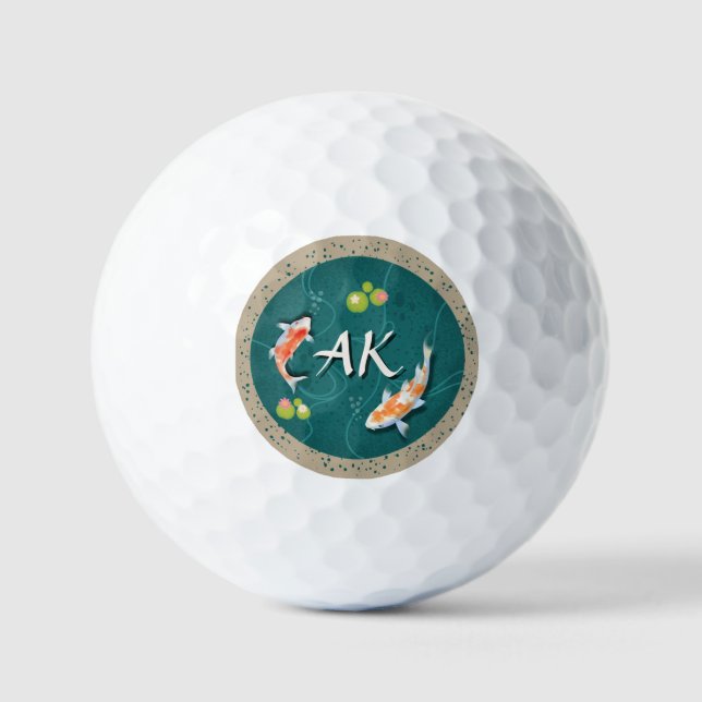 Custom Monogram Koi Pond Japanese Water Garden Golf Balls (Front)