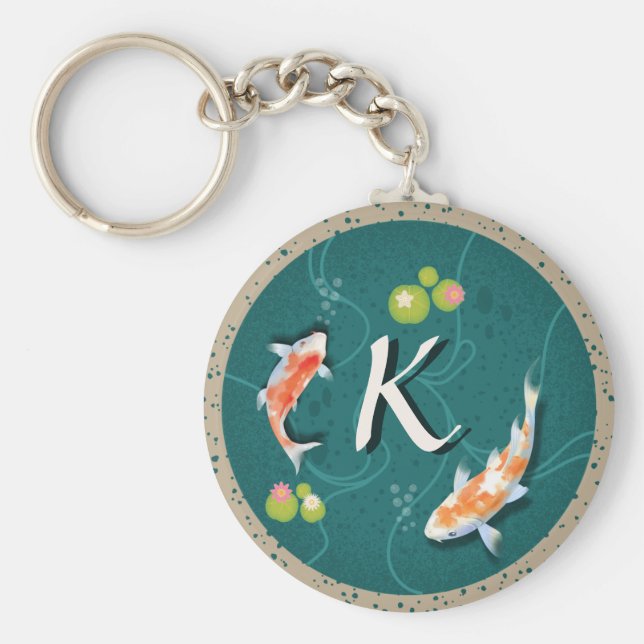 Custom Monogram Koi Pond Japanese Water Garden Keychain (Front)