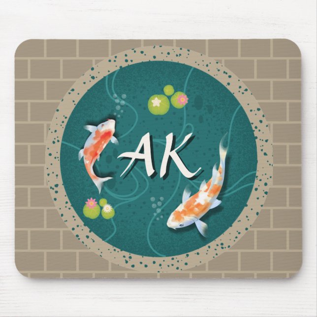 Custom Monogram Koi Pond Japanese Water Garden Mouse Pad (Front)