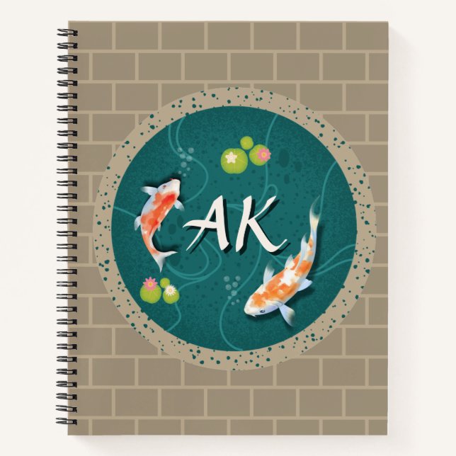Custom Monogram Koi Pond Japanese Water Garden Notebook (Front)
