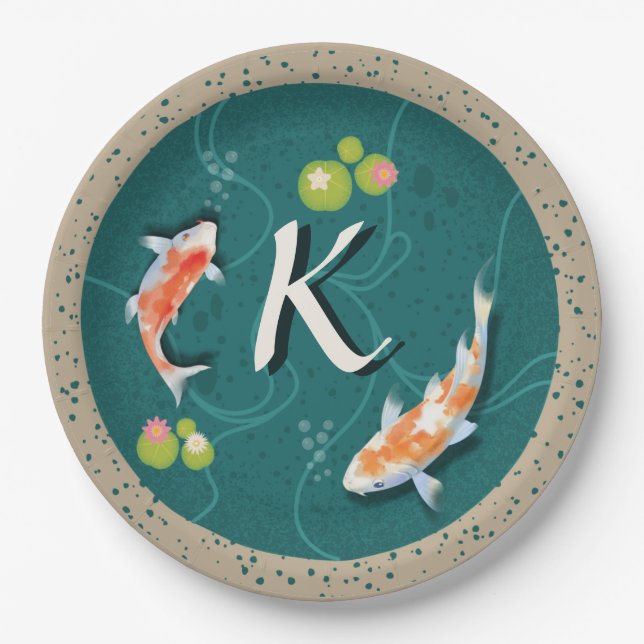 Custom Monogram Koi Pond Japanese Water Garden Paper Plates (Front)