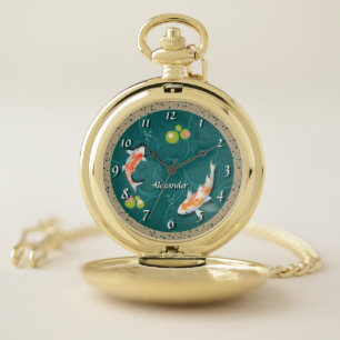 Custom Monogram Koi Pond Japanese Water Garden Pocket Watch