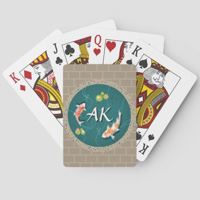 Custom Monogram Koi Pond Japanese Water Garden Poker Cards (Back)