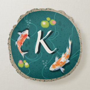 Custom Monogram Koi Pond Japanese Water Garden Round Pillow