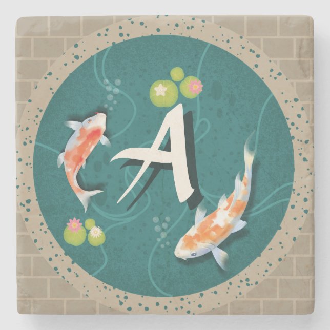 Custom Monogram Koi Pond Japanese Water Garden Stone Coaster (Front)