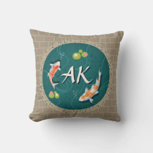 Custom Monogram Koi Pond Japanese Water Garden Throw Pillow