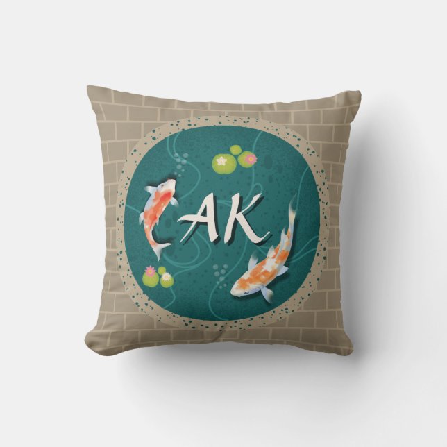 Custom Monogram Koi Pond Japanese Water Garden Throw Pillow (Front)