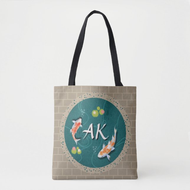 Custom Monogram Koi Pond Japanese Water Garden Tote Bag (Front)