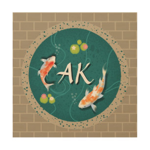 Custom Monogram Koi Pond Japanese Water Garden Wood Wall Art