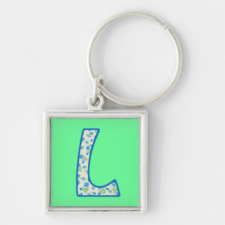Custom Monogram L Keychain, Blue Floral Pattern Keychain