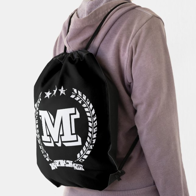 Custom monogram laurel wreath crest drawstring bag (Insitu)
