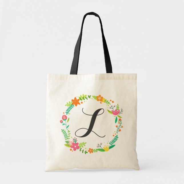 Custom Monogram Leaves And Spring Flowers Wreath Tote Bag (Front)