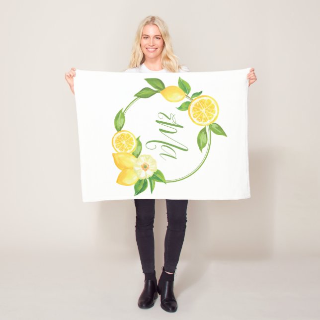 Custom Monogram Lemon Citrus Floral Baby Name Fleece Blanket (In Situ)
