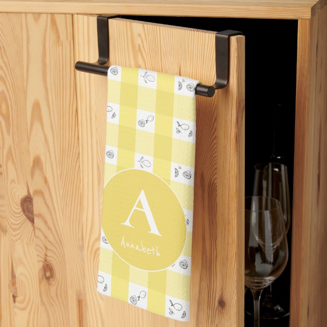 Custom Monogram Lemon Plaid  Kitchen Towel (Thirds Fold)