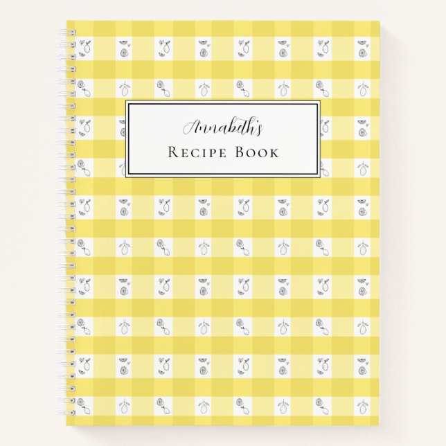 Custom Monogram Lemon Plaid Recipe Book (Front)