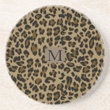 Custom Monogram Leopard Print Sandstone Coaster by bestgiftideas at Zazzle
