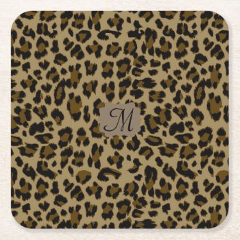 Custom Monogram Leopard Print Square Paper Coaster by bestgiftideas at Zazzle
