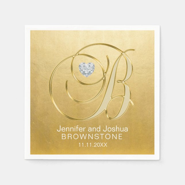 Custom Monogram Letter B Gold Foil Heart Wedding Napkins (Front)