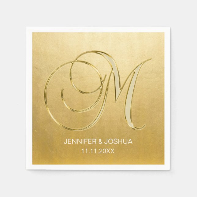 Custom Monogram Letter M Gold Foil Wedding Napkins (Front)