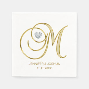 Custom Monogram Letter M Gold Heart Wedding Napkins