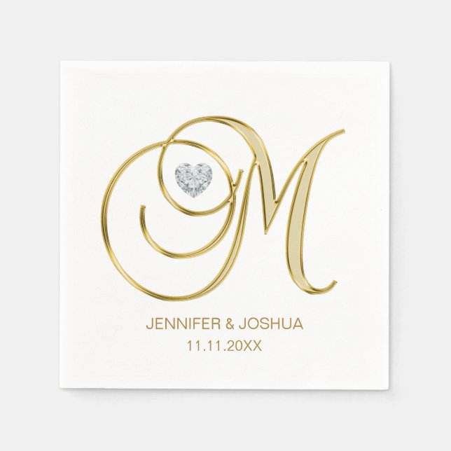 Custom Monogram Letter M Gold Heart Wedding Napkins (Front)